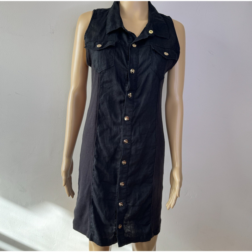Vintage Y2K Guess Black Linen Mini Dress Gold Logo Minimal 90s L